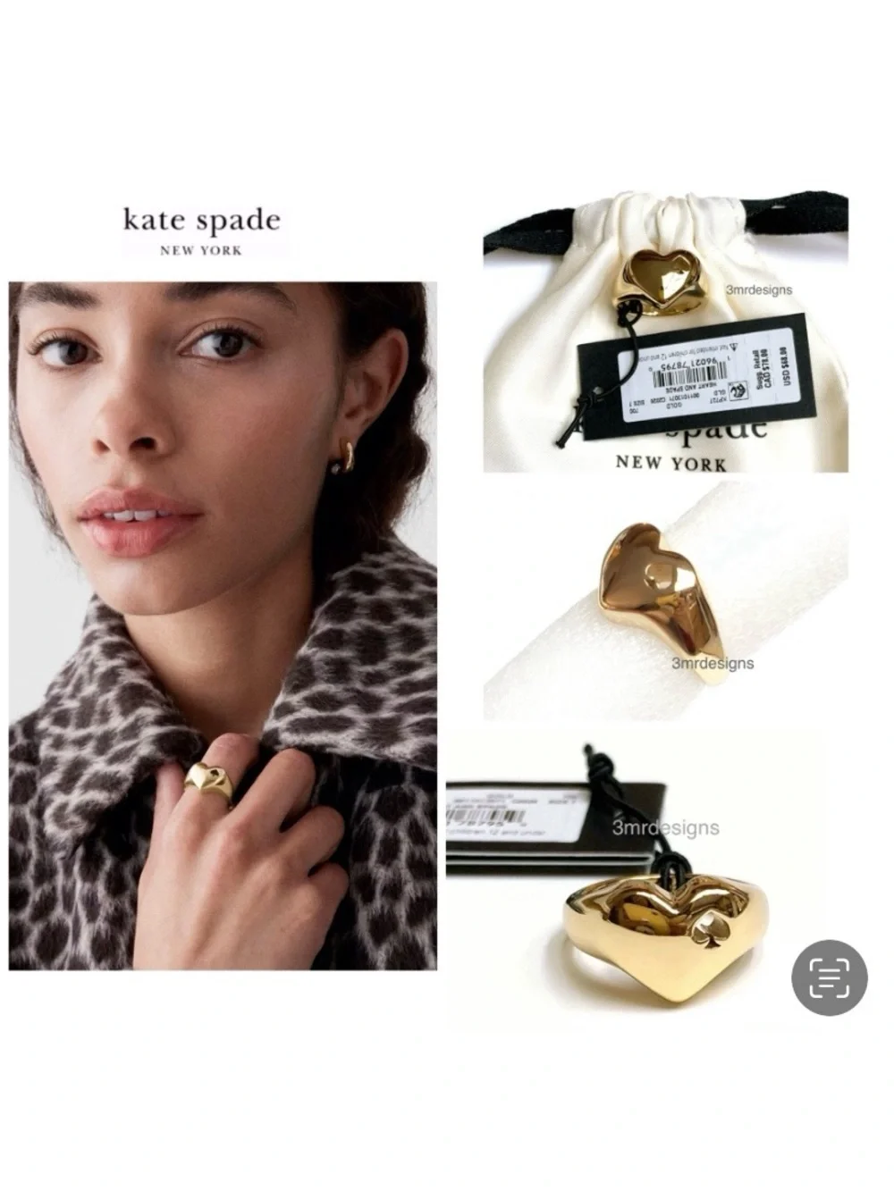 NWT Kate Spade ♠️ HEART & CUTOUT SPADE 12-K Gold Plated Signet Ring